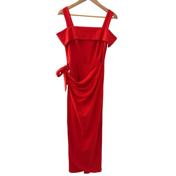 Marina Cold Shoulder Faux Sarong Waist Tie Overlay Jumpsuit Red‎ Size 4 - Picture 7 of 10